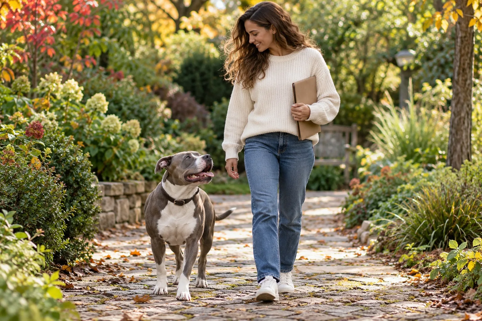 American Bully-type dog with a person holding a folder on a garden path